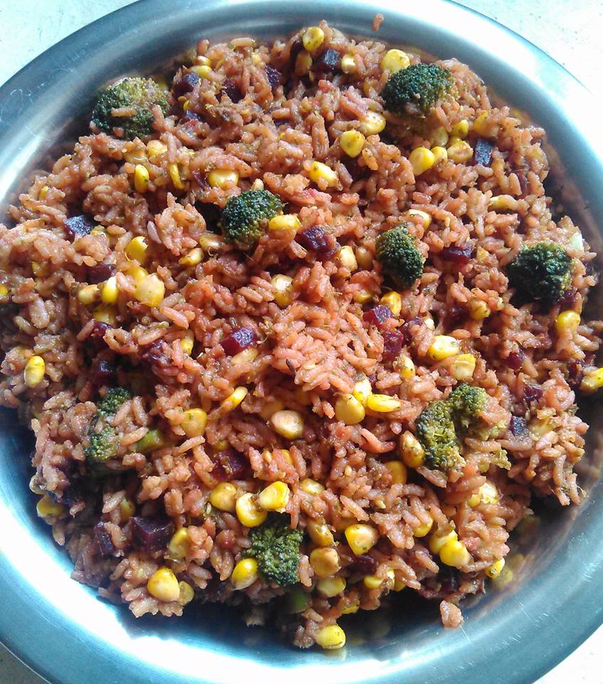 Broccoli corn beetroot masala rice |