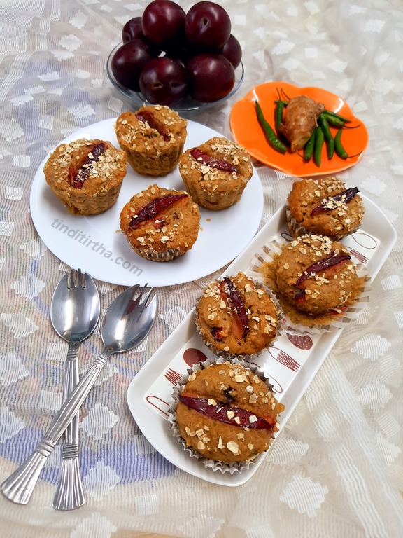 HOT & SWEET PLUM MUFFINS ….egg less delicious tea time snack using whole wheat flour